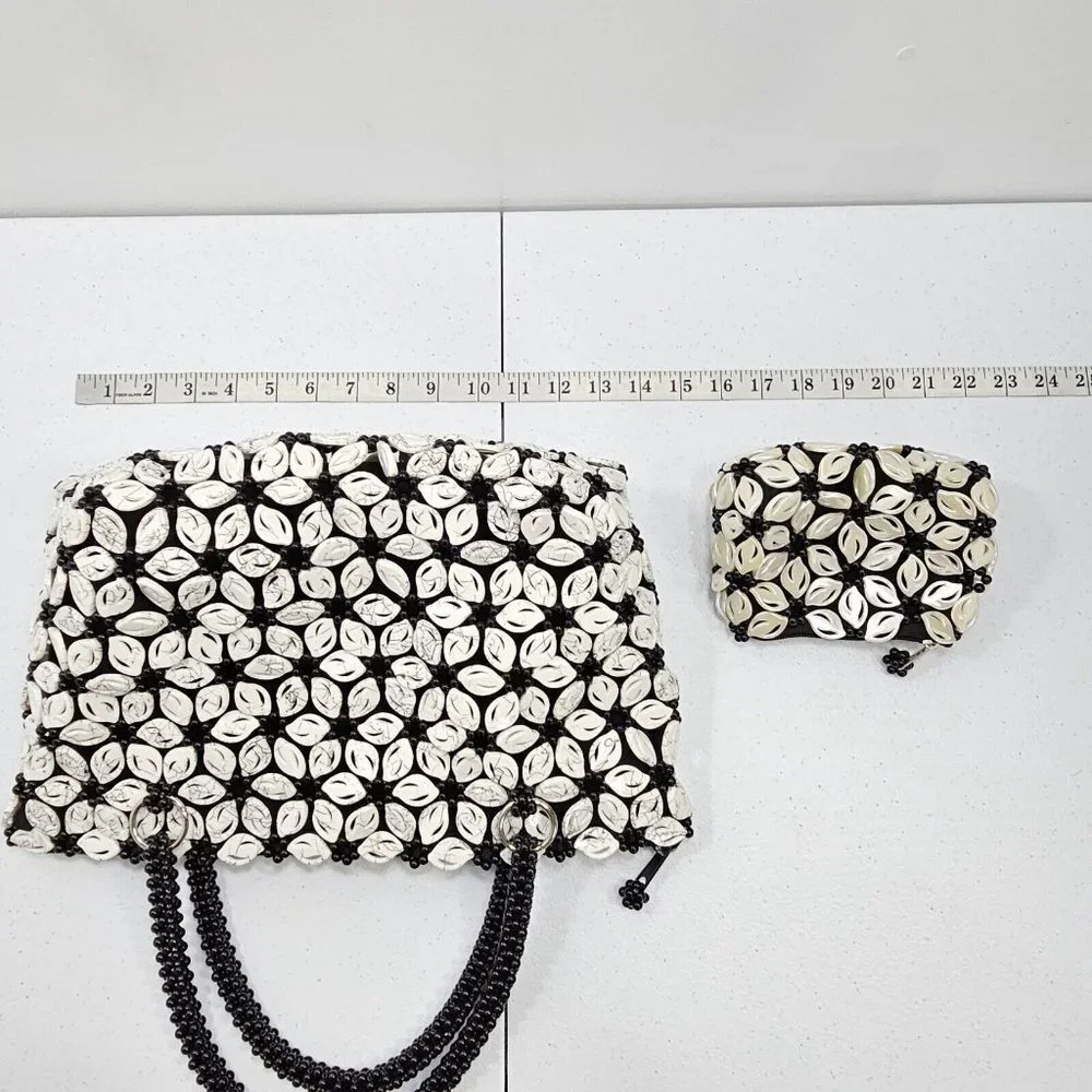 Vintage Glass Beaded Medium Black Pearl White Floral Shoulder Bag Coin Purse Set